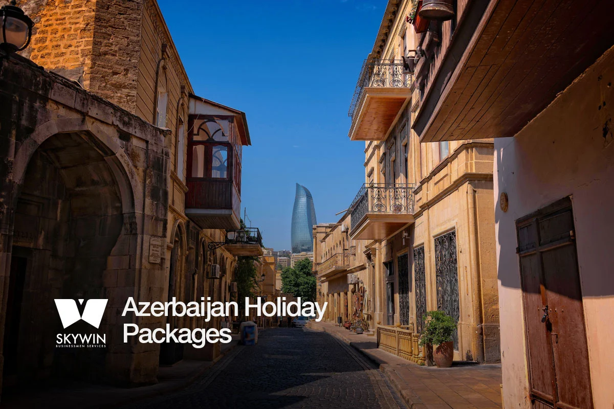 Modern Baku skyline with Flame Towers and Caspian Sea coast in Azerbaijan