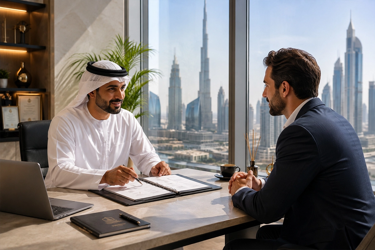 Skywin Business setup consultant reviewing Golden Visa eligibility and documentation with client in Dubai