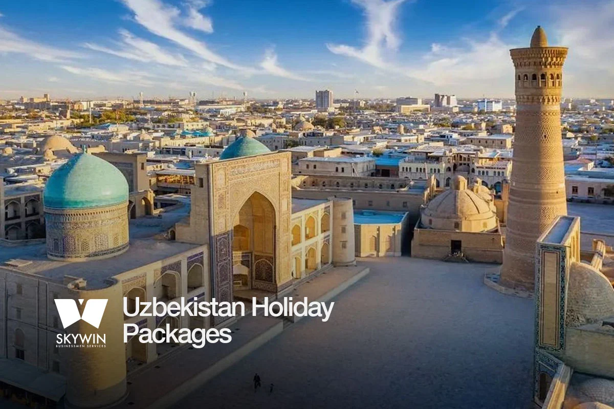 Historic Silk Road architecture with turquoise tiled domes in Samarkand, Uzbekistan